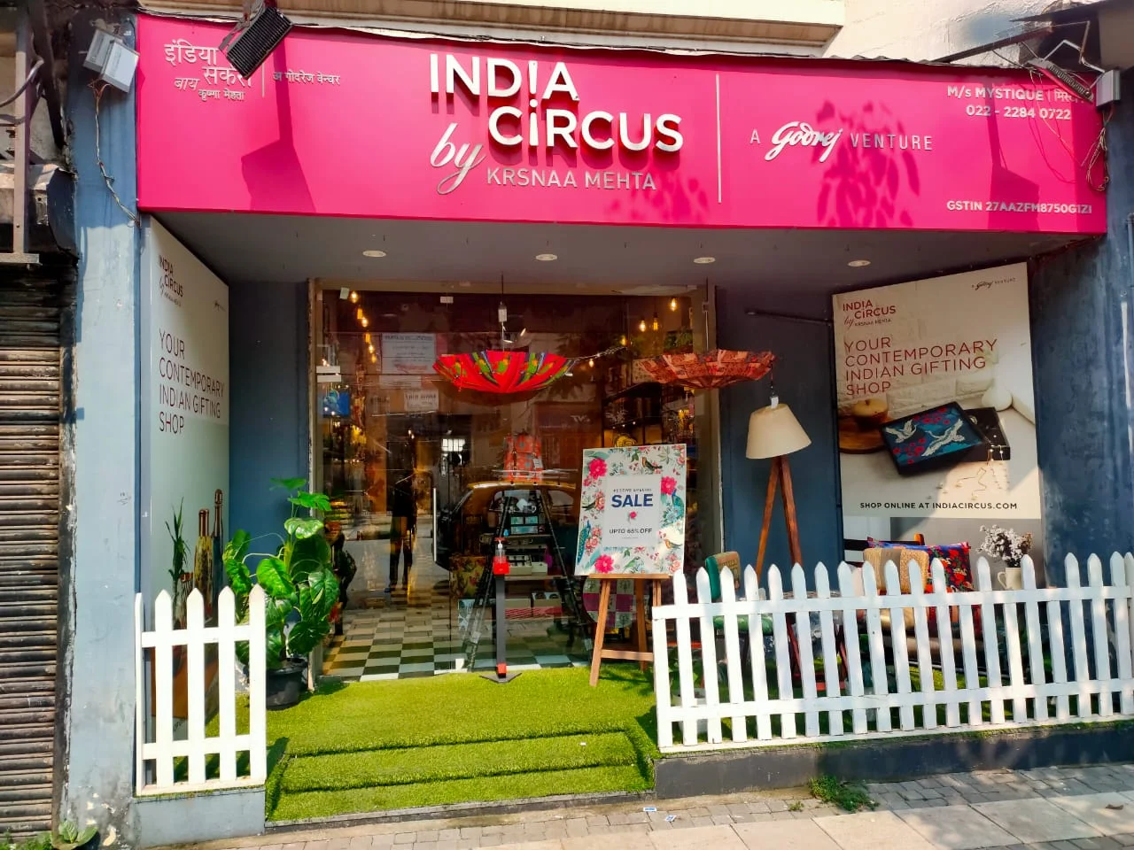 The India Circus by Krsnaa Mehta store operated by Mystique in Mumbai, with festive sale signage in the windows